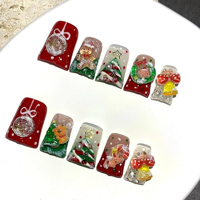 Handmade Press on Nails Short Duck Christmas Gingerbread Man Fake Nails Christmas Tree Bells Rhinestones Full Cover Glitter Cute Winter Stick on Nails Xmas Glue on Nail for Acrylic DIY (Size S)