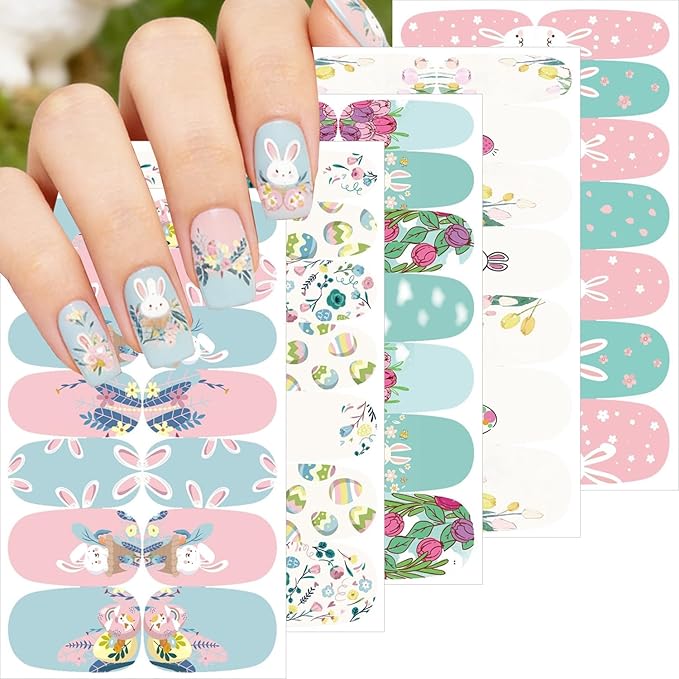 5 Sheets Easter Gel Nail Stickers Cute Rabbit Carrot Nail Polish Strips Colorful Full Wrap Nail Strips Easter Bunny Eggs Nail Strips Stickers Spring Flower Nails Decorations for Women DIY Manicure