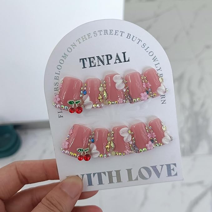 Duckbill Shape Press on Nails with Kit,3D Floral Carving Cherry Blush Pink Fake Nails with Tools,Sparkling Icy French Tips False Nails with Rhinestone,Sweet Glazed Artificial Duckbill Nails(S)