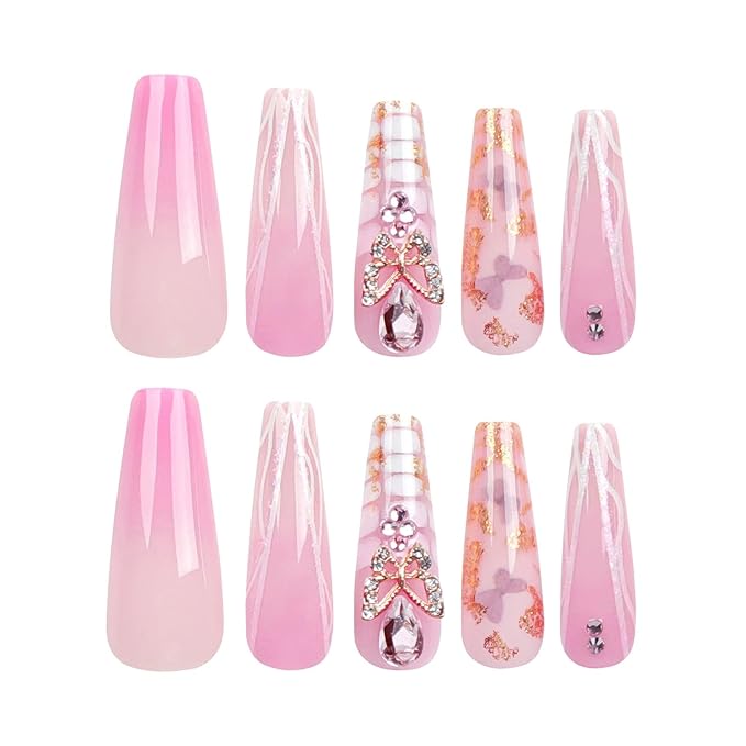 Press on Nails Long Coffin Fake Nails Pink Ombre Full Cover Acrylic False Nails with Butterfly Charm Rhinestone Designs Long Square Nails Press Ons Sparkly 24Pcs Stick on Nail for Women and Girls