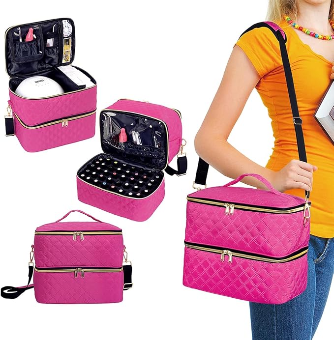 Nail Polish Organizer Case Holds 40 Bottles(15ml/0.5fl.oz) and Nail Lamp, Double Layer Nail Polish Storage with Adjustable Dividers,Portable Carrying Bag for Nail Kit, Manicure Tools Rose Red