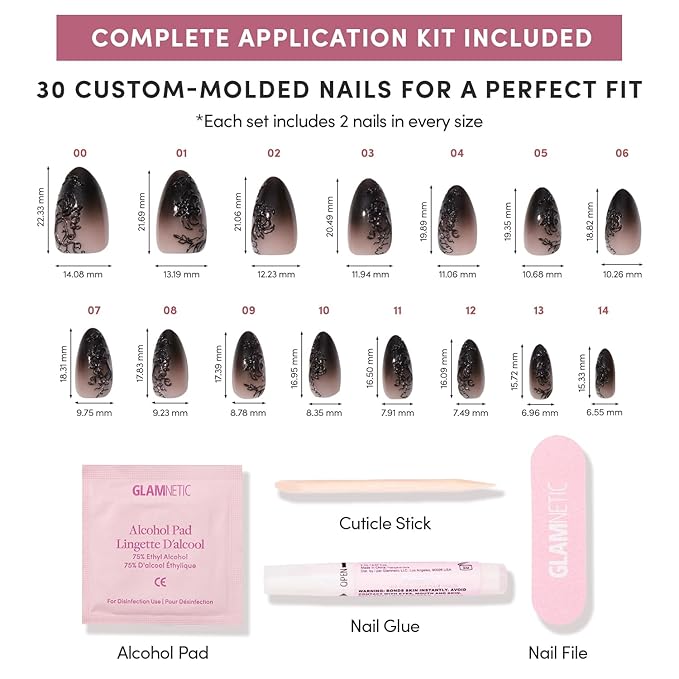 Glamnetic Press On Nails - 'Til Death | Ombre 3D Lace Medium Almond Fake Nails with Glossy Finish, Salon Quality Halloween Nails | 15 Sizes - 30 Nail Kit with Glue