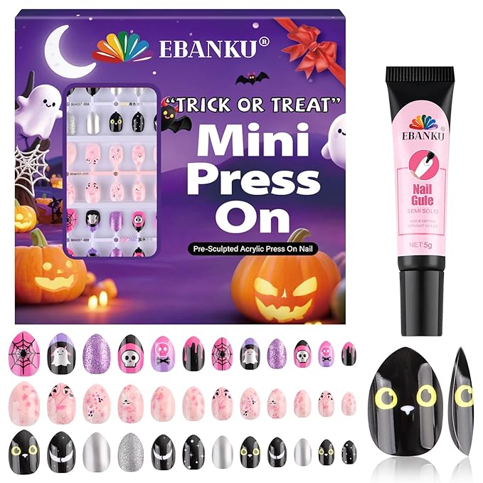 72Pcs Halloween Press on Nails, Fake Nails Full Cover Cute False Nails with Skull Designs Dark Glossy Stick on Nails for Girls Kids with Nail Glue