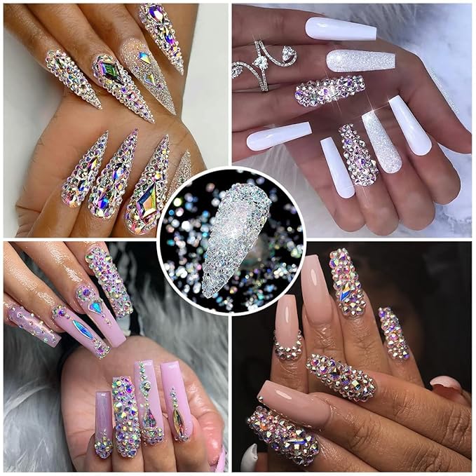2052Pcs Crystal AB Nail Rhinestones 72 Multi Shapes Crystal White AB Rhinestones for nails Flatback Big Nail Gems +1980 K9 Glass Round Beads Stones Diamonds Nail Charms Art for Nails Faces Eyes