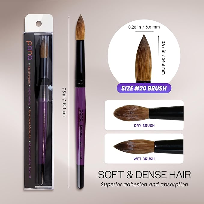 Pure Kolinsky Hair Acrylic Nail Brush - Round Shape Black Ferrule with Purple Wood Handle (Size 20)