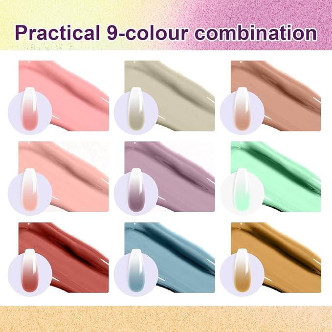 Gradient Painting Gel Set, 9 Colors Ombre Gel Nail Polish with 6 Aurora Multi-Purpose Brushes for Ombre Nails Aura Nails French Manicure Soak Off UV L Monet’s Garden