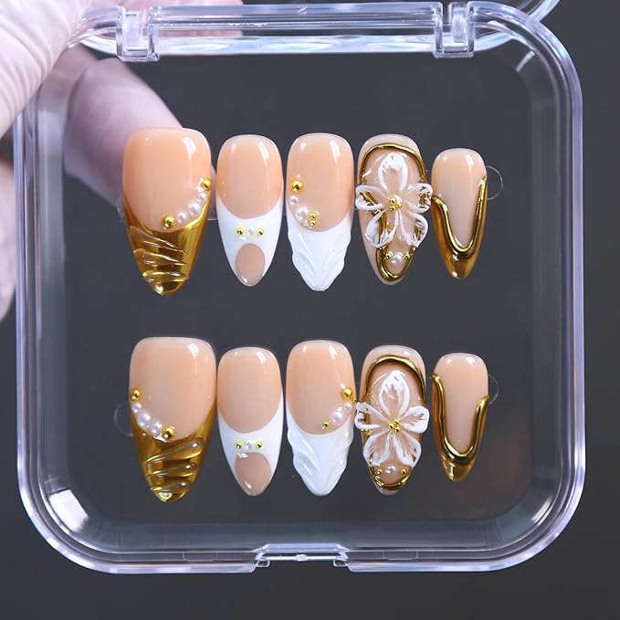 Press On Nails - Handmade French Almond Fake Nails, French Nails Design, Reusable Artificial Almond False Nails for Women 10 Pcs 3D Acrylic Nails Kit (Size M)