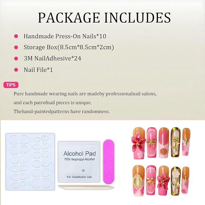 Handmade Press on Nails Long Square Fake Nails French False Nails with Golden Rose & 3D Flower Luxury Pearl Bow Thickened Acrylic Nails Design Full Cover Flower Press on Nail for Women Nail Art（S)