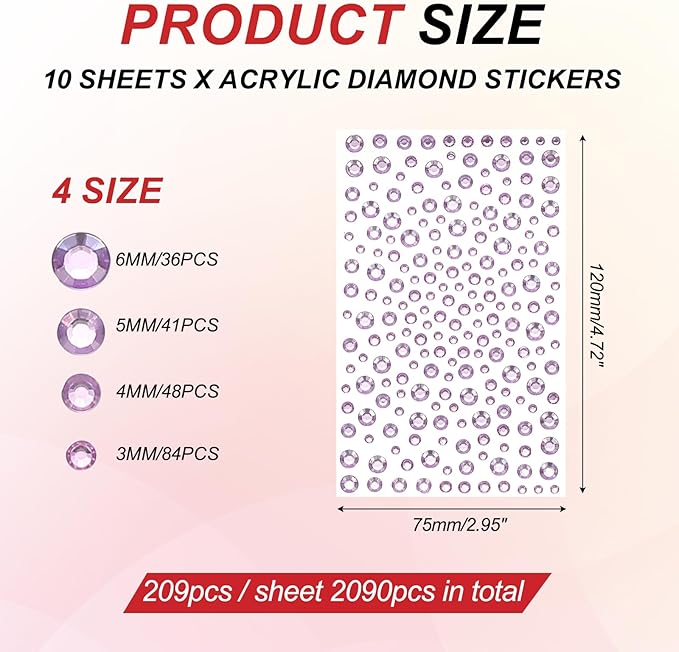 PATIKIL 2090 Pcs Acrylic Gem Sticker, 4 Size 3/4/5/6mm Self Adhesive Rhinestones Face Gem Stones Bling Jewelry for Nail Art Craft Clothes DIY Makeup Decoration Party, Light Purple