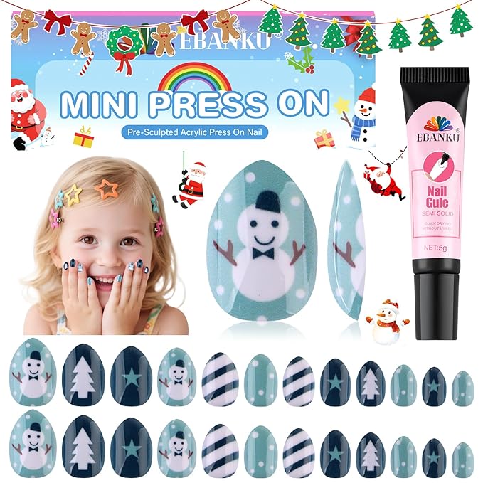 Christmas Press on Nails Kid, EBANKU 24Pcs Almond Fake Nails Kit Full Cover Blue Snowman Cute Design Acrylic Nails with Nail Glue Nail Adhesive for Girl