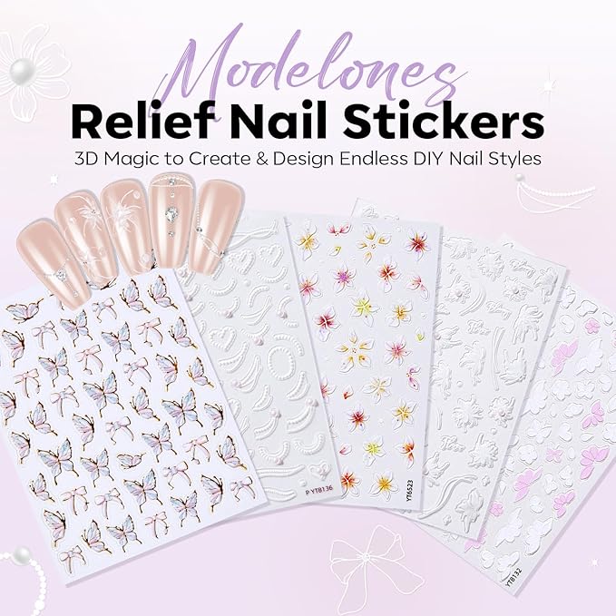 modelones Gel Polish Nail Stickers, 3D Embossed Floral Self-Adhesive Nail Decals, Butterfly&White Elegant Lace Flowers Petals Nail Art Design for Spring Summer Manicure DIY Nail for Women & Kids 5Pcs
