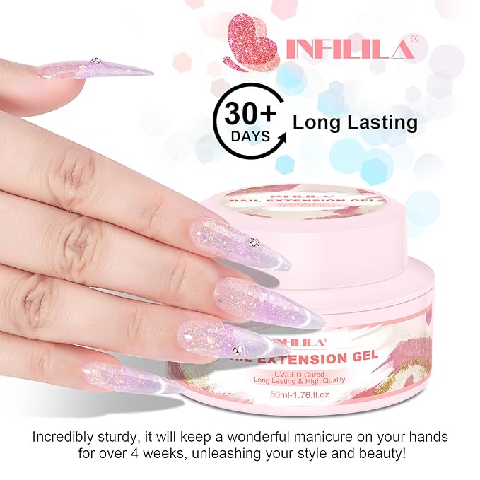 NXJ INFILILA Glitter Poly Nail Gel, Purple Colors Poly Extension Gel Nail Enhancement, Thickening Glossy Builder Home DIY Salon Use for Girls UV/LED Nail Lamp Required P12
