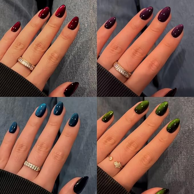 KQueenest 4 Packs Gel Press On Nails Short Oval, Cat Eye Press On Nails Short Almond, Dark Chrome Fake Nails Press Ons, Shiny Glitter Black Glue on Nails for Women Decoration, 96 Pcs Gift Kit