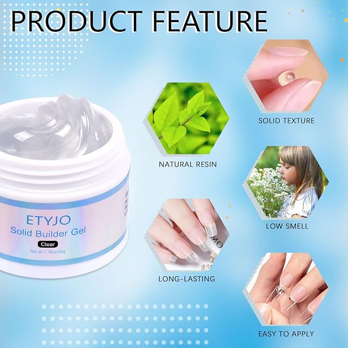 Solid Gel Builder for Nails 50g Large Capacity Clear Non-Stick 3D Carving Gel for Nail art Hand Nail Extension Art Hard Gels for Nails Salon UV Home DIY