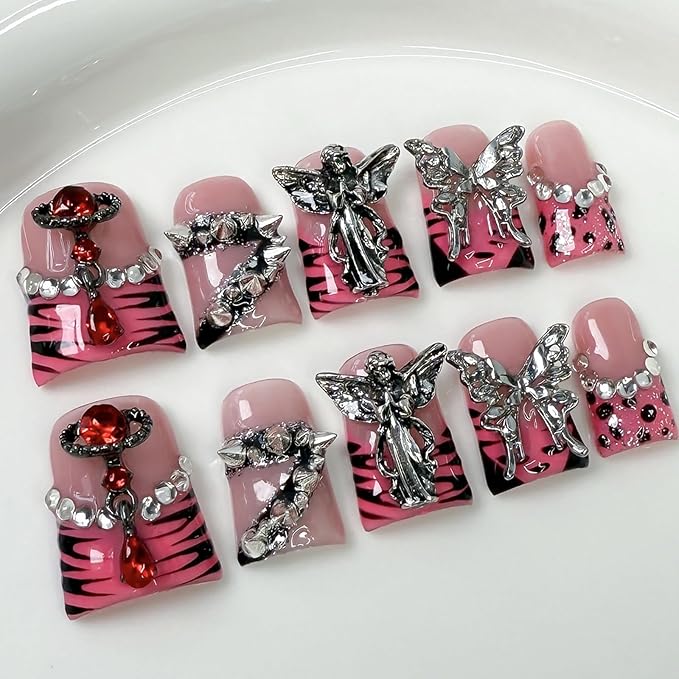 Luxury Press on Nails Short Duck Handmade 3D Unique Reusable ABS Material Fake Nails Pink French Tip False Nails with Designs Butterfly Rhinestones Rivet Glossy Glue on Nail Thick Acrylic Nail(M)