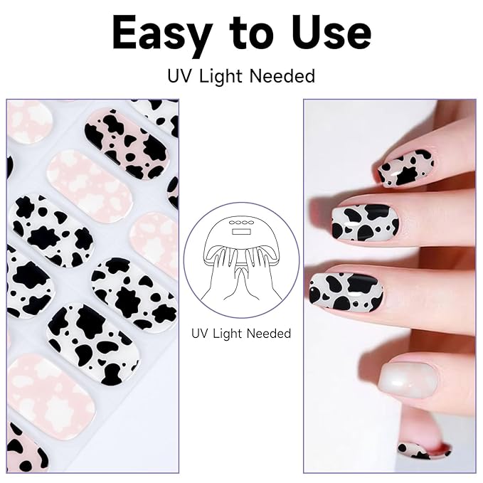 Semi Cured Gel Nail Strips (Dairy Cow), 28 pcs Gel Nail Stickers, Work with Any UV Lights, Long-Lasting NailWraps for Women Art DIY Design, Easy to Apply & Remove, Salon-Quality