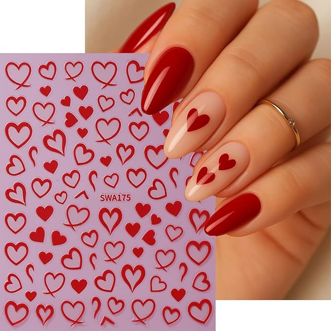 8 Sheets Valentines Nail Art Stickers 3D Self-Adhesive Hollow Heart Nail Decals Red Heart French Tip Nail Stickers Valentines Day Nails Art Decorations for Women Holiday DIY Nails Supplies