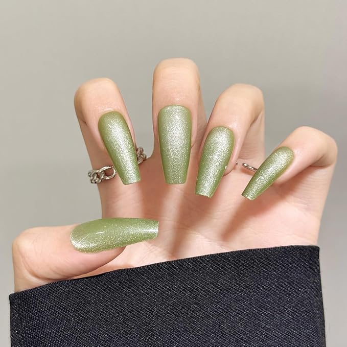 Green Cat Eyes Press On Nails,12 Sizes - 24 Pcs Soft Gel Medium Coffin Fake Nails Kit with Nail Glue, Natural Reusable Stick On False Nails for Women and Girls (Skycloud Green Nails) SK0979