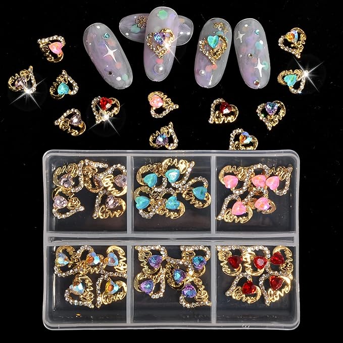 30Pcs Heart Shaped Nail Charms 3D Heart Nail Rhinestones Glitter Nail Gem 6 Colors Nail Art Charms for Valentine's Day DIY Nail Art Craft Decoration