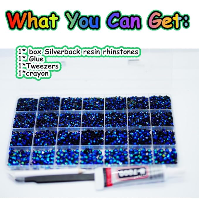 22000pcs Resin Flatback Rhinestones for Crafting, Ink Blue AB Bedazzling Gems Beads 2mm 3mm 4mm 5mm 6mm, Non-Hotfix SS8 SS10 SS16 SS20 SS30 Gems with B7000 Glue for DIY Crafts, Nails