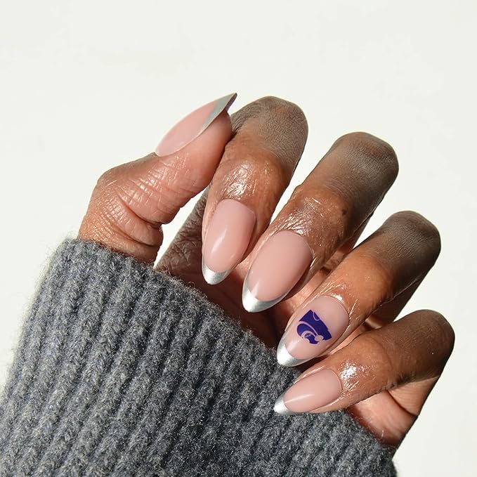 Glamnetic x Fanatics Press On Nails - Kansas State Wildcats | Short Almond Fake Nails, Collegiate Silver French Tips, College Nails, Salon-Quality | 15 Sizes - 30 Nail Kit with Glue