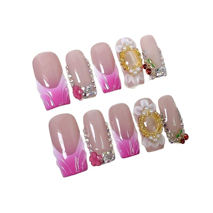 Square Press on Nails Medium Length Handmade Fake Nails Rose Red French Tip Acrylic Nails with 3D Flower Charms Designs False Nail Sparkly Full Cover Stick on Nail for Women Manicure 10Pcs(Size M)