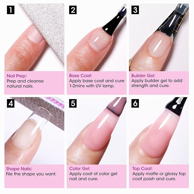 GELLEN Builder Nail Gel with Gel Top Coat Base Coat, 3 Pcs 18ml Top Coat Nail Polish Set, Soak Off Hard Builder in A Bottle for Nail Extension Strengthen Manicure Salon at Home