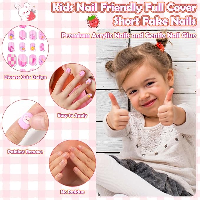 288 Pieces Kids Stick On Nails Girls, Acejoz Fake Nails Set Self Adhesive Press on Nails Tips for Little Girls Children 8-12 Year Kids Nail Decoration