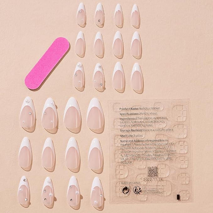 Press-On Nails, Medium-Length Almond Shape Pearl White False Nails, Inlaid with Pearls, Showing the Noble Temperament of Women and Girls False Nails - 24 pcs (with Free Tool Kit)