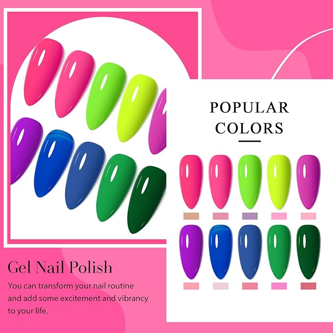 12Pcs Neon Gel Nail Polish Kit Hot Pink Green Purple Blue Gel Polish Kit with Base Top Coat for Nail Art DIY 10 Colors