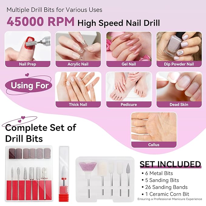 Vrenmol Electric Nail Drill Professional 45000RPM: Rechargeable Nail Drill Kit Portable Electric Nail File with Complete Bits for Acrylic Nails Gel Polishing Removing 2000mAh Nail Drill Machine Salons