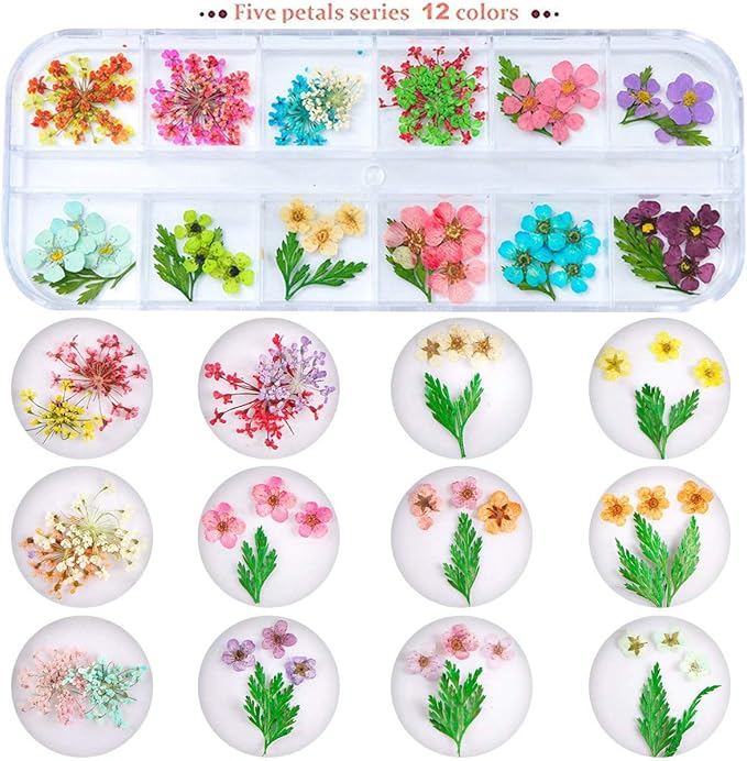 2 Boxes Nail Art Dried Flowers,UNIME 24 Colors Mini Real Natural Flowers Nail Art Supplies 3D Applique Nail Decoration Sticker for Tips Manicure Decor Accessories,Gypsophila