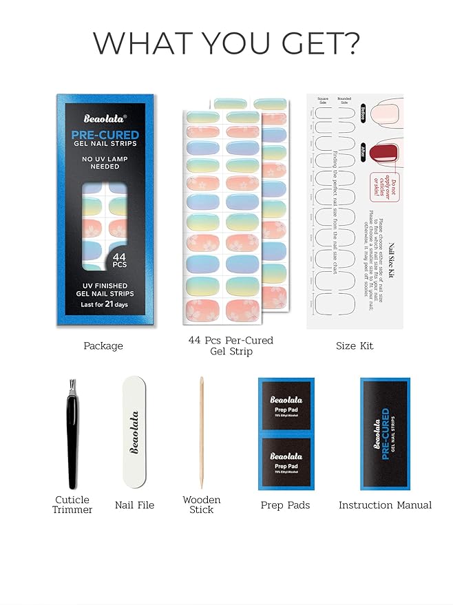 Pre Cured Gel Nail Strips - 44PCS Salon Quality Gel Nail Stickers - Long Lasting Polish Wraps for Women no UV Light Needed Easy Apply & Remove (Sorbet Blue