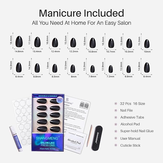 Soft Gel Black Press on Nails Almond - SHANGMENG Short Nails with Glossy French Tips in a Matte Finish, Stick on Nails with Glue in 16 Sizes - 32 Reusable Fake Nails for Women, Matte Black
