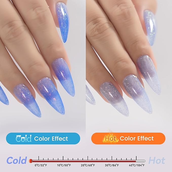 YTD Likomey Brocade Glitter Color Changing Gel Nail Polish,15ml Light Blue To Blue Shimmer Mood Temperature Change Colors Iridescent Flakes,Fall Winter Thermal Ombre UV Nail Gel,WB354