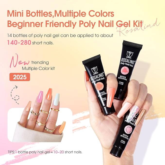 ROSALIND Nude Poly Nail Gel Kit, 14 Colors Pink Poly Nail Gels Kit with Slip Solution and Mini Lamp Poly Nails Gel Starter Kits For All Seasons Beginner DIY at Home