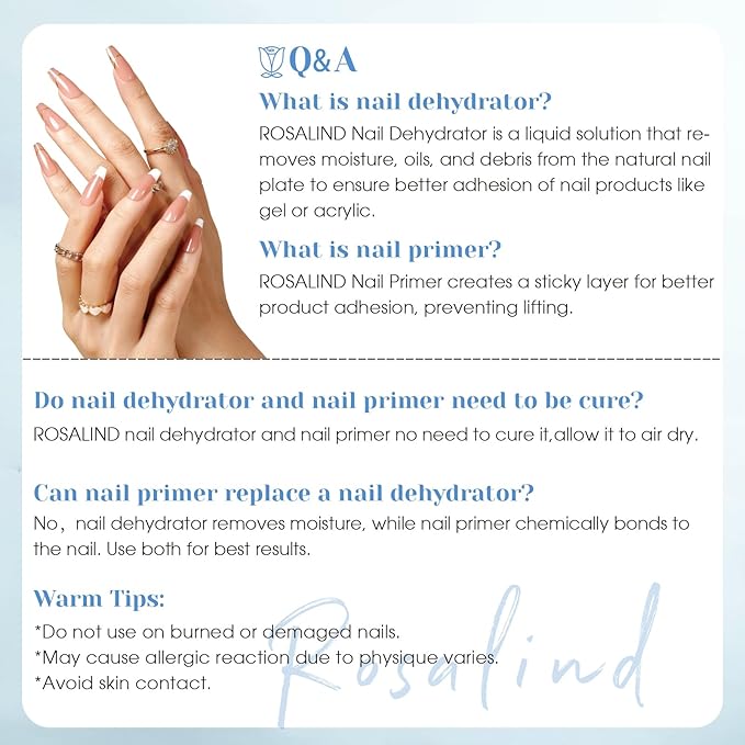 ROSALIND 2pcs 11ml Nail Dehydrator and Primer,Nail Bonding Agent for Gel Polish and Acrylic Nails, Long-Lasting No-Lift Prep for Salon & DIY Manicures