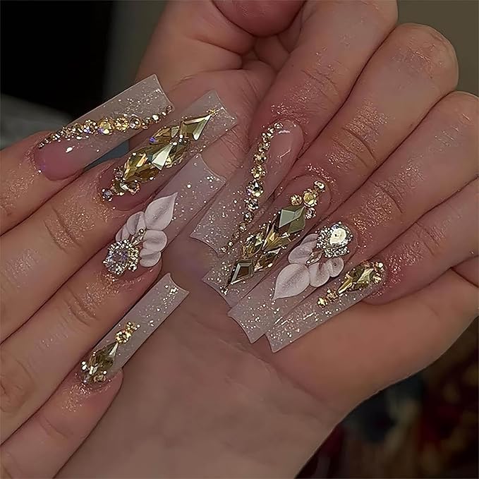 RTKHFZE Press on Nails Long Square Acrylic False Nails Glitter Full Cover Fake Nails with Rhinestones Flower Designs Nails Press Ons for Prom/Party/Holiday - Gift for Women