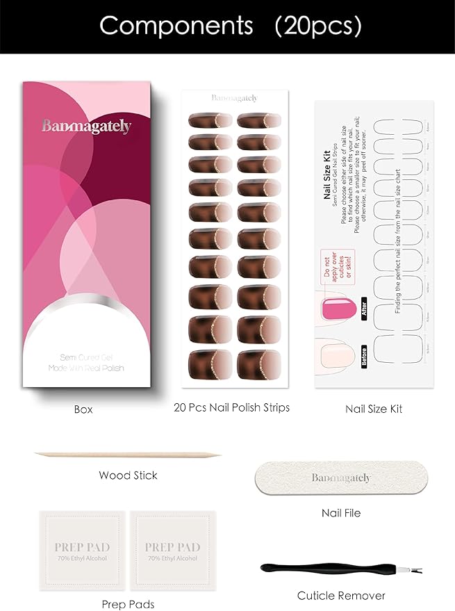 Semi Cured Gel Nail Strips, 20Pcs Long Lasting Salon Quality Wraps, Easy Apply & Remove Gel Nail Stickers with UV Light (Peachy Amber Brown)