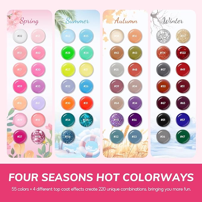 Coscelia 73pc Gel Nail Polish Kit with U V light, 60 Bottles Gel Nail Polish Soak off Top Base Coat Spring Colors Enchantment Collection Glitter Nail Rhinestones Gel Manicure Kit Valentines Day Gifts