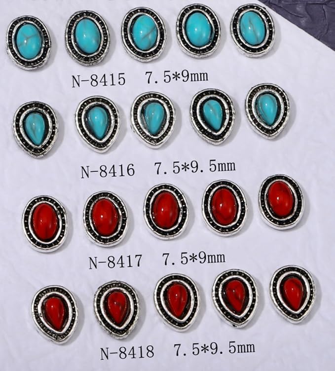 50pcs Western Nail Charms 3D Vintage Turquoise Jewelry Teardrop Shape Blue Red Marble Nail Art Gem Art Accessories for Nail Phone Home Supplies Decoration