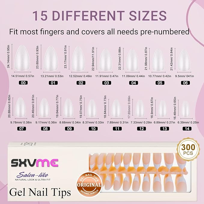 Gel French Tip Nails Medium Almond Press on Nails - 300Pcs White Natural Nude Fake Nails Extensions Kit With Pre-applied Tip Primer for Women Girls DIY