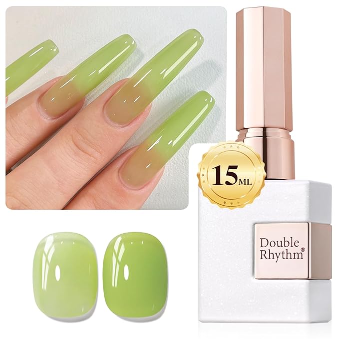 Double Rhythm Gel Polish 15ML Jelly Sheer Pastel Light Milky Color Pearl White Bottle 1 PC 0.5 OZ Full Size Nail Art Salon at Home (Translucent Green-D1408)