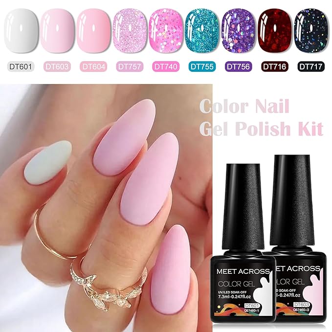 MEET ACROSS 9 Colors Gel Nail Polish + 3PCS Function Gel Nail Polish Kit,Fashion Nail Art Set Design Gifts for Women Manicure Salon (SET20, 12pcs)