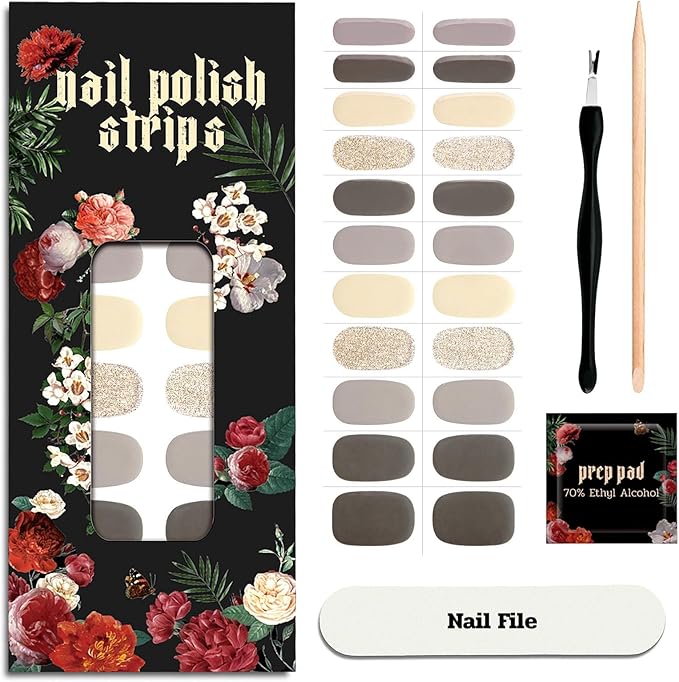 Nail Polish Strips (No UV Lamp Needed) - 22 Pcs Salon Quality Gel Nail Stickers - Long Lasting Wraps (Sparrow Brown&Yellow)