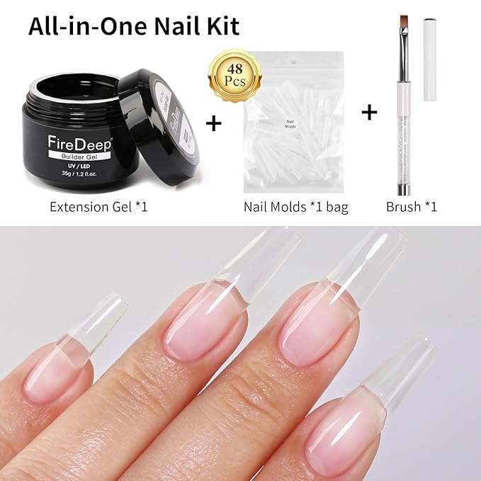 Builder Nail Gel Kit, 35g Clear Builder for Nails, Hard Extension Gel With Clear Nail Tips Forms and Brush