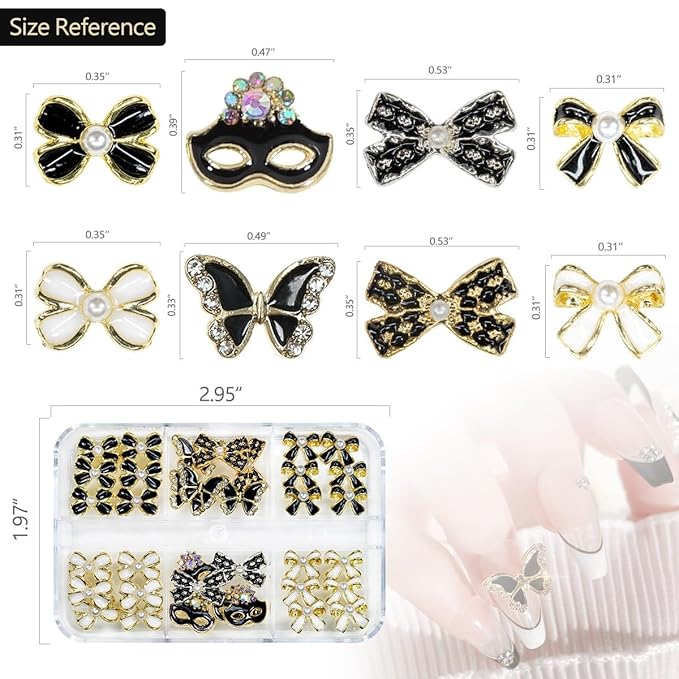 36Pcs Elegant Cute Charms for Nails Bow Butterfly Mask Luxury Kawaii Black White Rhinestones Pearls 3D Alloy Gems Cute Nail Art Charms for Acrylic Nails Face DIY Crafts Tumblers Bottles Shoes