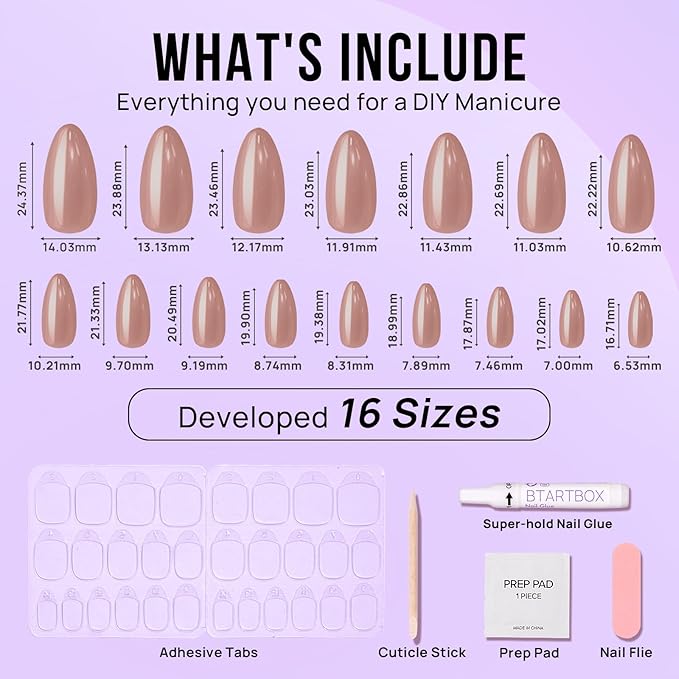 BTArtbox Press On Nails Almond - Fall Press on Nails Meidum Chrome Nails, Light Weight & Fit Perfectly, Fake Nail with Nail Glue, Brown Glue On Nails in 15 Sizes, Chocolate Glazed