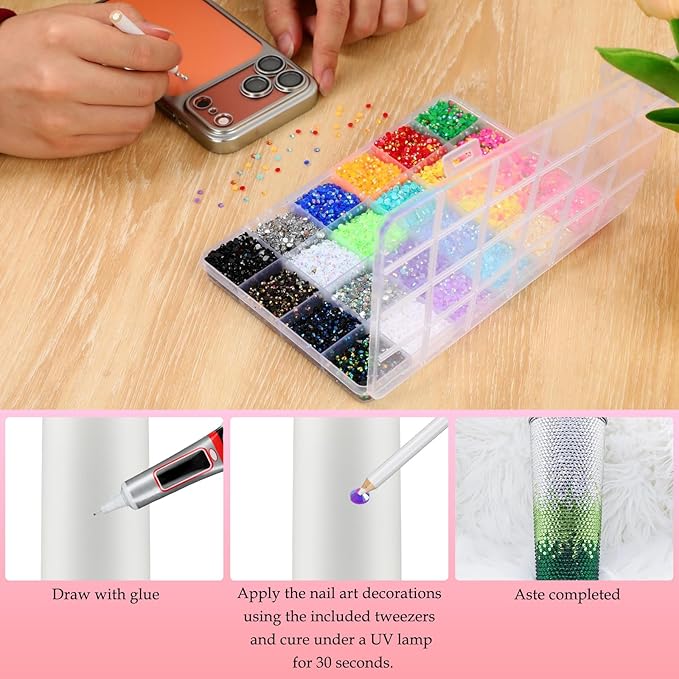 24000Pcs 24 Colors Resin Jelly Rhinestones for Bedazzling, Multicolor 3mm Flatback Gems for Diamond Art 3Pcs Jewelry Glue for Bedazzled Nail Art Makeup Crafting Book Shoes