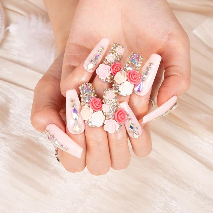 LOVFUL Press on Nails Rose Garden | Handmade with Full Covered Crystals | Reusable Full Cover Nails | Coffin Classic Regular 1.3 in | H107-L